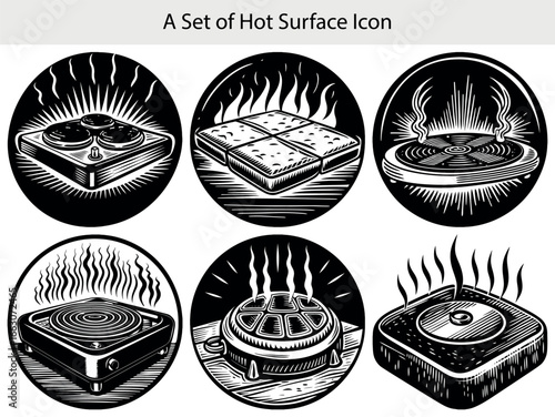 Black and white icons of hot cooking surfaces with steam hot plate stove top