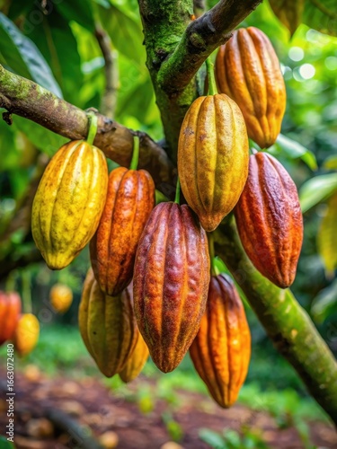 A bunch of ripe cacao pods hanging from the branches of a tree in the jungle