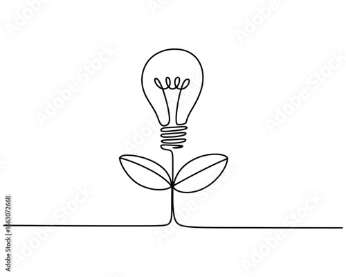 Growing idea light bulb plant continuous line drawing