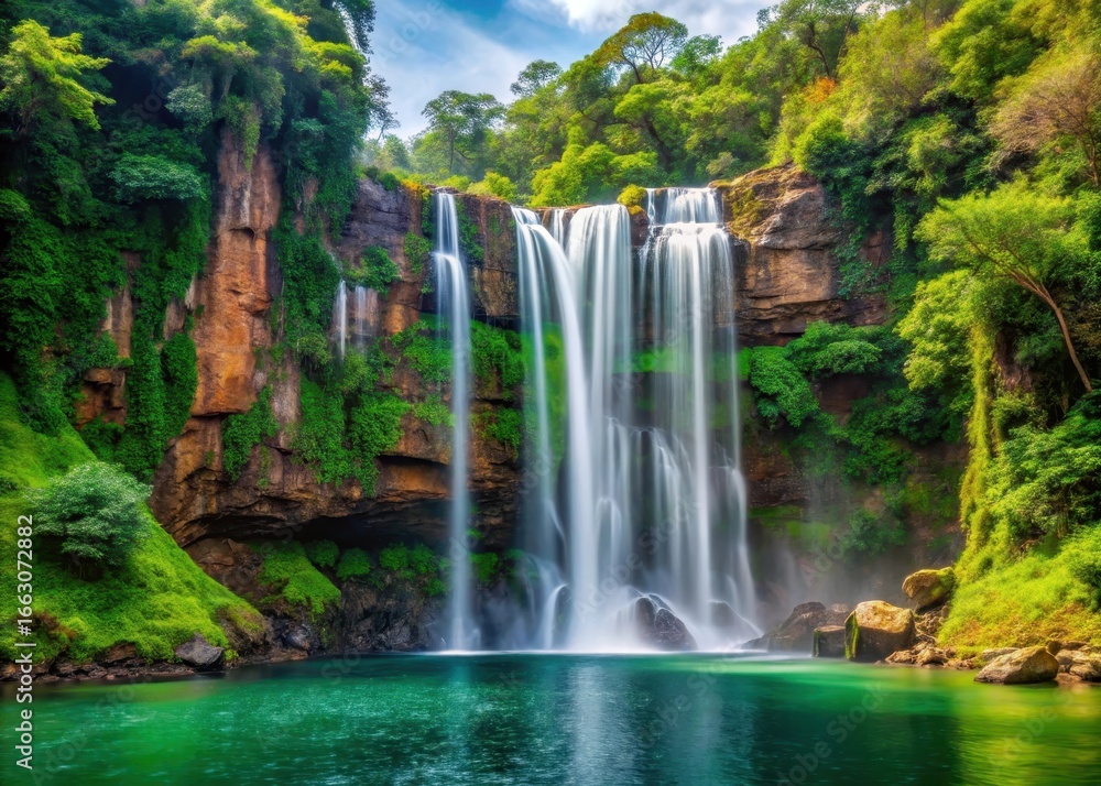Naklejka premium A majestic waterfall cascading down a rugged cliff surrounded by lush greenery and serene waters