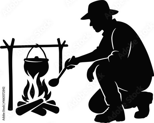 Campfire Cooking Silhouette – Outdoor Survival Cooking Vector