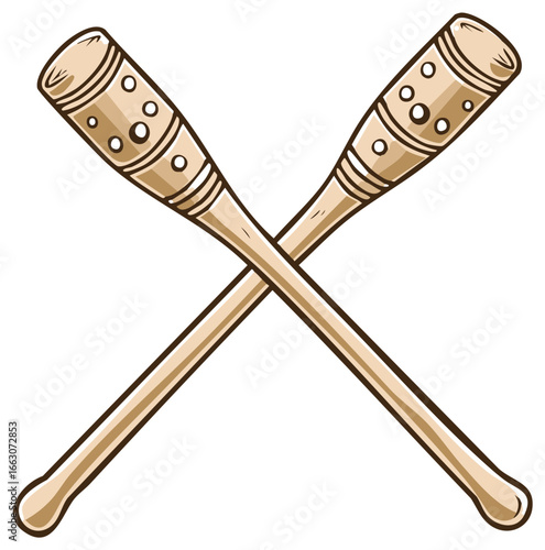Two wooden rhythmic gymnastics clubs crossed in an X shape isolated on a white background