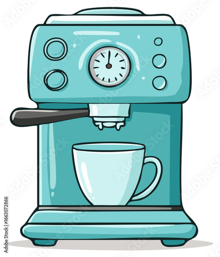 Stylized turquoise espresso machine with coffee cup kitchen appliance illustration