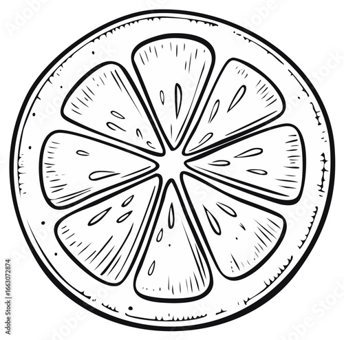 Sketch Illustration of a Citrus Fruit Slice, Showing Juicy Texture and Segmented Design. Ideal for Summer Themes and Healthy Eating Concepts.