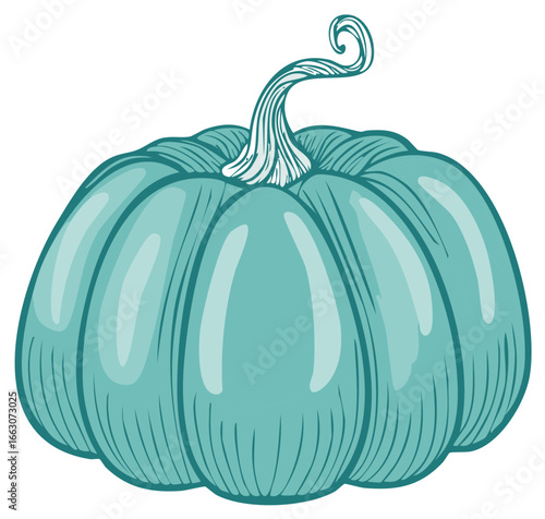 Blue pumpkin illustration with stem, squash for fall season