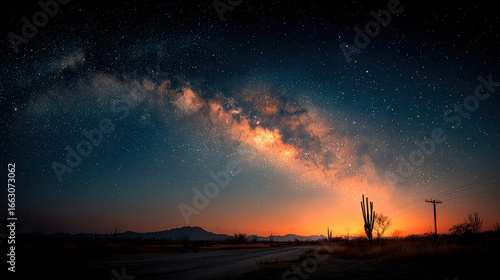 Dramatic Milky Way Over Desert Landscape at Sunset, Featuring Saguaro Cactus Silhouettes, Mountain Range, and a Vibrant Starry Sky with Orange and Teal Hues, Creating a Sense of Wonder and Awe