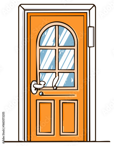Colorful Entryway Door with Window Cartoon Style Doorway Illustration Welcoming Orange Entry Door
