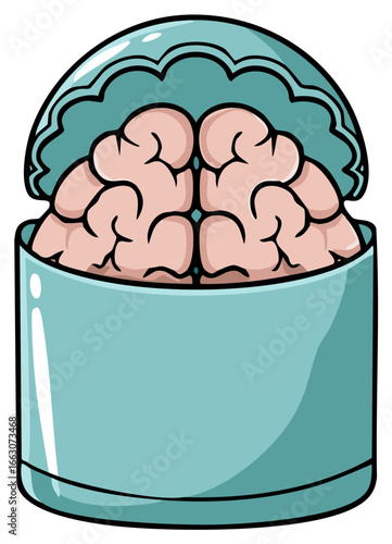 Quirky cartoon illustration of a human brain inside an open tin can representing preserved thoughts or ideas