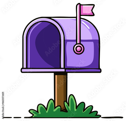 Purple mailbox with a flag on a wooden post in green grass