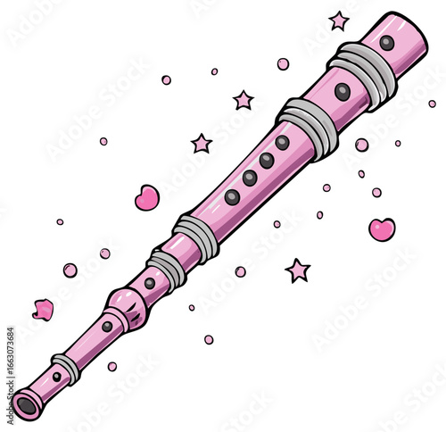 Playful bright pink cartoon wind instrument with glittering stars and cute hearts