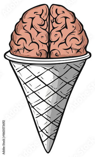 Conceptual Illustration of a Human Brain as an Ice Cream Scoop in a Waffle Cone
