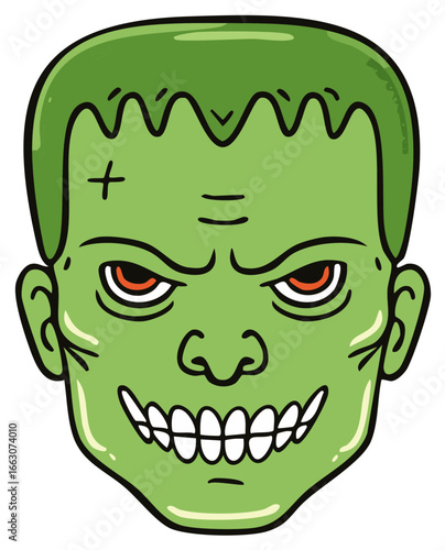 Green monster face with stitches and red eyes smiling menacingly
