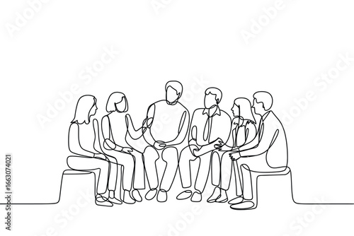 Continuous line drawing of a diverse group of people sitting and talking