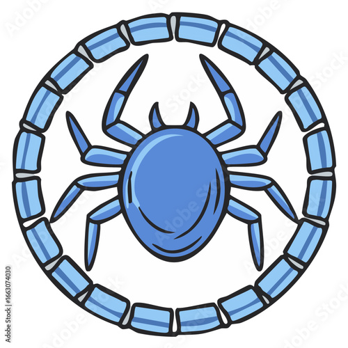 Cartoon blue tick or mite insect pest icon inside a circular segmented frame
