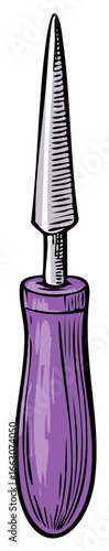 Artistic rendering of a purple mascara wand with a pointed brush applicator