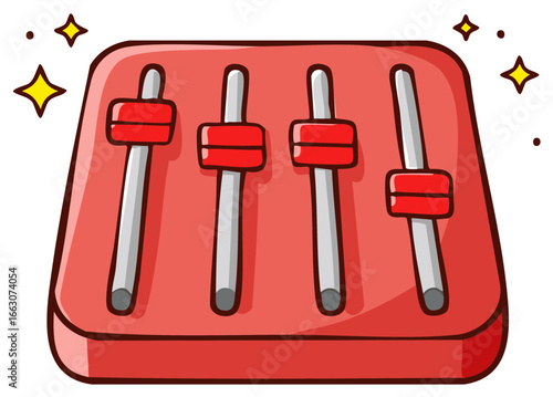 Cute Cartoon Red Audio Mixer Panel with Bright Shiny Faders