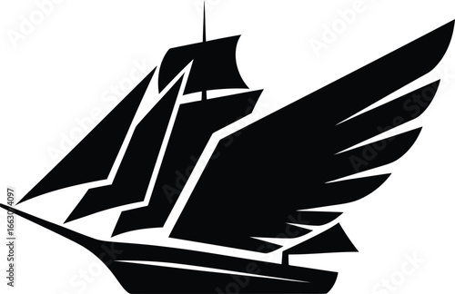 Dynamic sailing ship with a wing vector graphic design. A creative logo concept symbolizing fast travel, speed, and adventure. Ideal for a logistics, shipping, or travel agency brand.