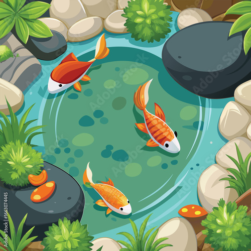 Peaceful fish pond surrounded by smooth stones vector art illustration