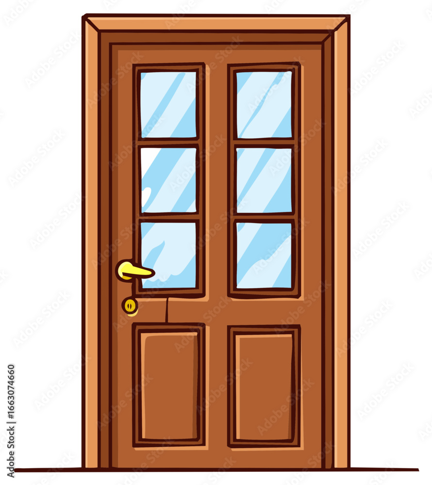 Obraz premium Classic Wooden Front Door with Glass Panes and Brass Handle