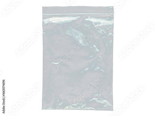 Transparent zip lock plastic bag isolated on white background, empty clear pouch packaging mockup, resealable poly bag for storage, food, cosmetics, retail, pharmacy, ecommerce design template PNG