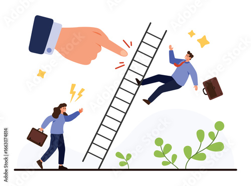 Businessman falling from career ladder after being pushed by giant hand while businesswoman competes to climb up symbolizing workplace obstacles and rivalry isolated on white background vector