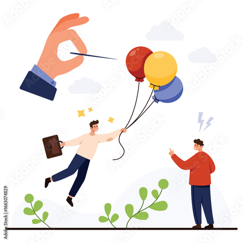 Businessman floating with balloons faces sudden risk as a hand with needle threatens to pop them symbolizing business failure, danger, obstacle, uncertainty, isolated on white background vector