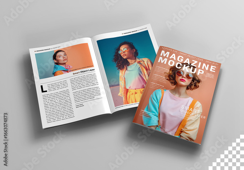 Floating Magazine Cover and Open Magazine Mockup On White Background
