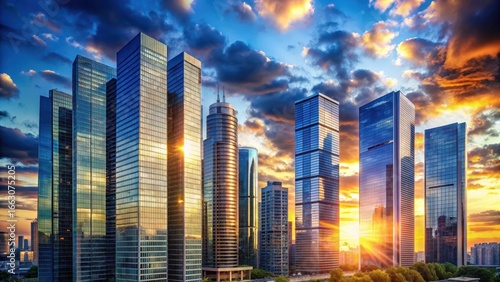 cityscape at sunset with tall glass buildings under clear blue sky filled with clouds