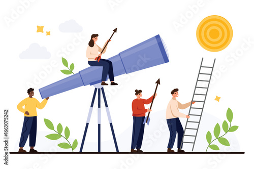Business people using large spyglass, arrows, and ladder to focus on distant target symbolizing teamwork, vision, planning, and achievement isolated on white background vector illustration