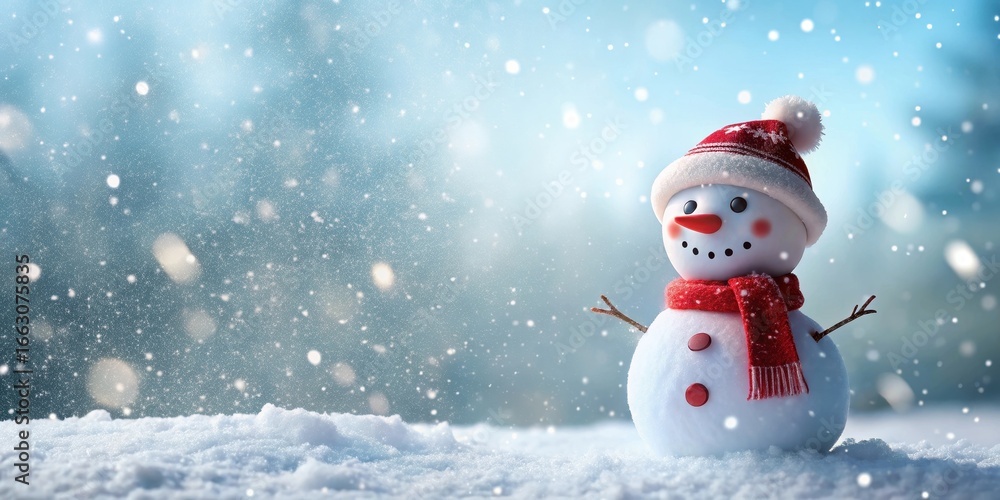 Fototapeta premium A cute snowman stands in a snowy landscape with falling snowflakes around him