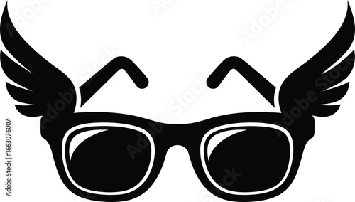A unique vector illustration of classic sunglasses with prominent wings, a conceptual symbol for visionary travel, freedom, flight, and stylish modern eyewear design or accessory branding.