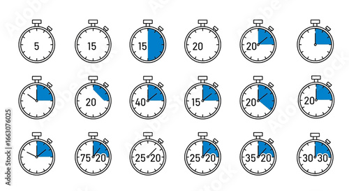 Set of various stopwatch timers showing different time intervals, ideal for illustrating deadlines, productivity, and time management concepts in a clean, minimalist design