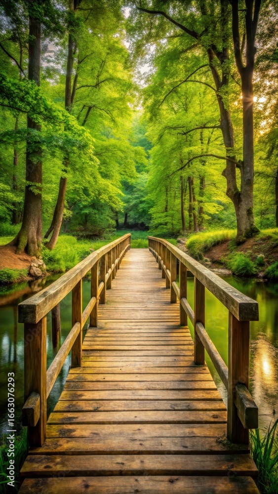 Obraz premium Rustic wooden bridge spanning over a serene stream with lush greenery and tall trees surrounding it
