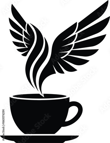 A black and white vector icon of a coffee cup with rising steam stylized into powerful wings, a modern symbol for instant energy, fast service, or a high-octane morning boost.