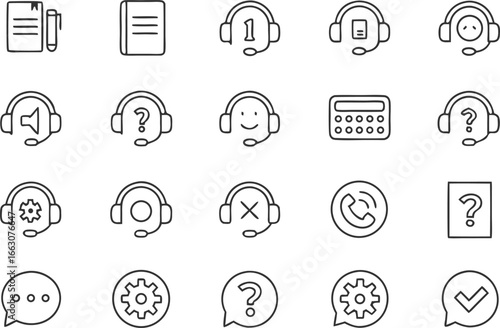 A vector icon set for web design and communication media featuring a variety of black and white symbols for technology, business, music, and social interactions