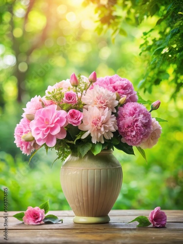 Wallpaper Mural Delicate pink flowers arranged in a elegant vase surrounded by lush green foliage Torontodigital.ca