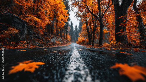 Scenic Autumn Road with Vibrant Orange Foliage and Wet Asphalt, Featuring a White Center Line Guiding Through a Forest Landscape, Perfect for Travel and Nature Photography