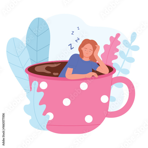 Morning coffee cups with sleepy tired woman vector illustration. Cartoon isolated big mugs with lazy and exhausted female tiny character without energy in need rest and sleep
