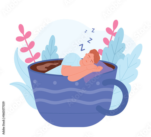 Morning coffee cups with sleepy tired man vector illustration. Cartoon isolated big mugs with lazy and exhausted male tiny character without energy in need rest and sleep