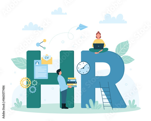 HR vector illustration. Cartoon tiny people search and choose best talent professional employee, work with CV documents, personnel resume and laptop near HR word, human resources management