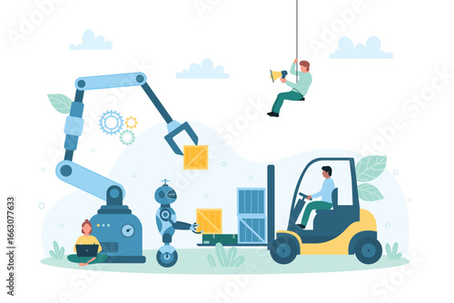 Automated factory warehouse with robots and AI service vector illustration. Cartoon tiny people and automatic robotic arm manage parcels and boxes, driver of forklift loading goods in packagings