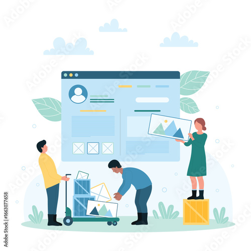 Website design, wireframe technology vector illustration. Cartoon tiny people building UI of digital page with software and mobile apps, optimization of structure and creative content in homepage