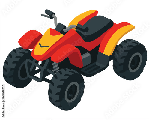 Red quad bike toy car and tractor on white background