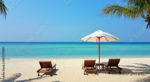 Wallpaper Mural Serene tropical beach paradise with lounge chairs and umbrella under a clear blue sky, inviting relaxation and peaceful moments by the turquoise ocean waves gently lapping on the pristine sandy shore Torontodigital.ca
