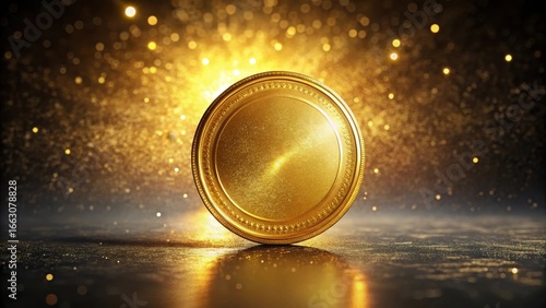 Glittering gold coin on dark background