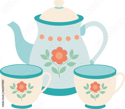 British tea set with floral porcelain cups in classic vintage style Vector illustration