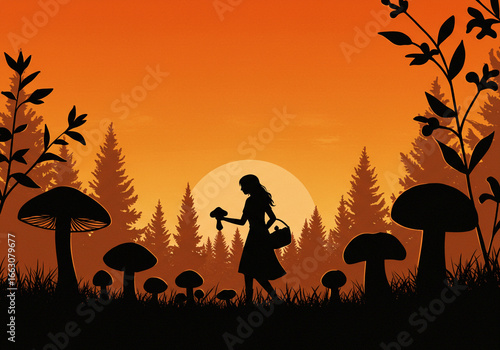 Forest Forager Silhouette at Sunset – Mystical Woodland Scene of Nature and Discovery