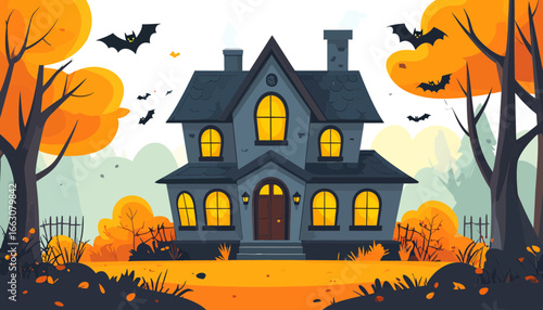 Spooky Halloween mansion glows amidst autumnal trees and flying bats.