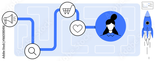 Path connecting search, marketing, shopping cart, and heart icons to a user profile and a rocket launch. Ideal for customer experience, marketing strategy, user journey, growth, business success