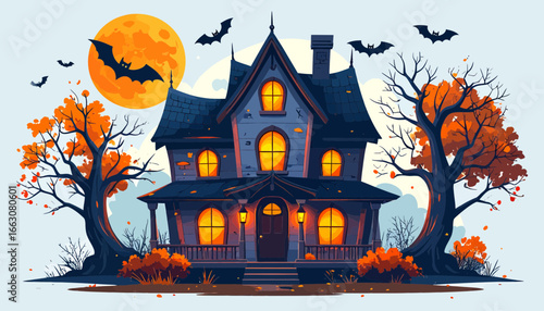 Haunted house illustration, autumnal trees, spooky Halloween scene.